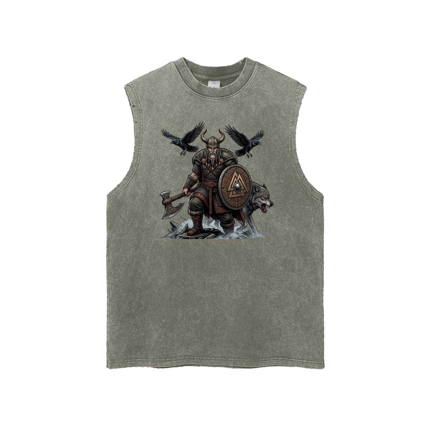 A sleeveless crewneck tank top in a washed, mineral-washed olive green, featuring a graphic print of a Viking warrior with an axe, shield, wolf, and flying ravens on the front.