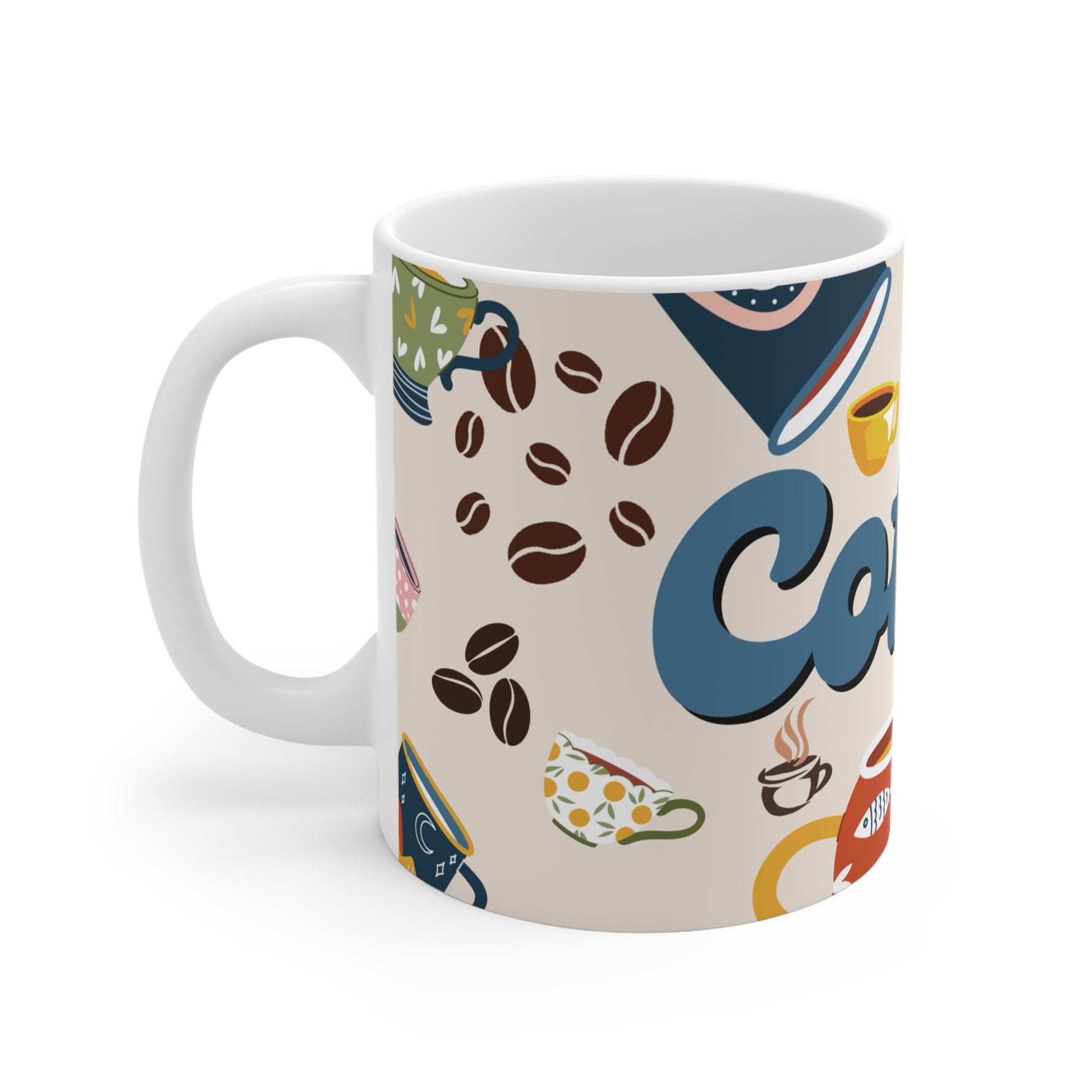 White Mug with coffee-themed design featuring beans and cups on a beige background