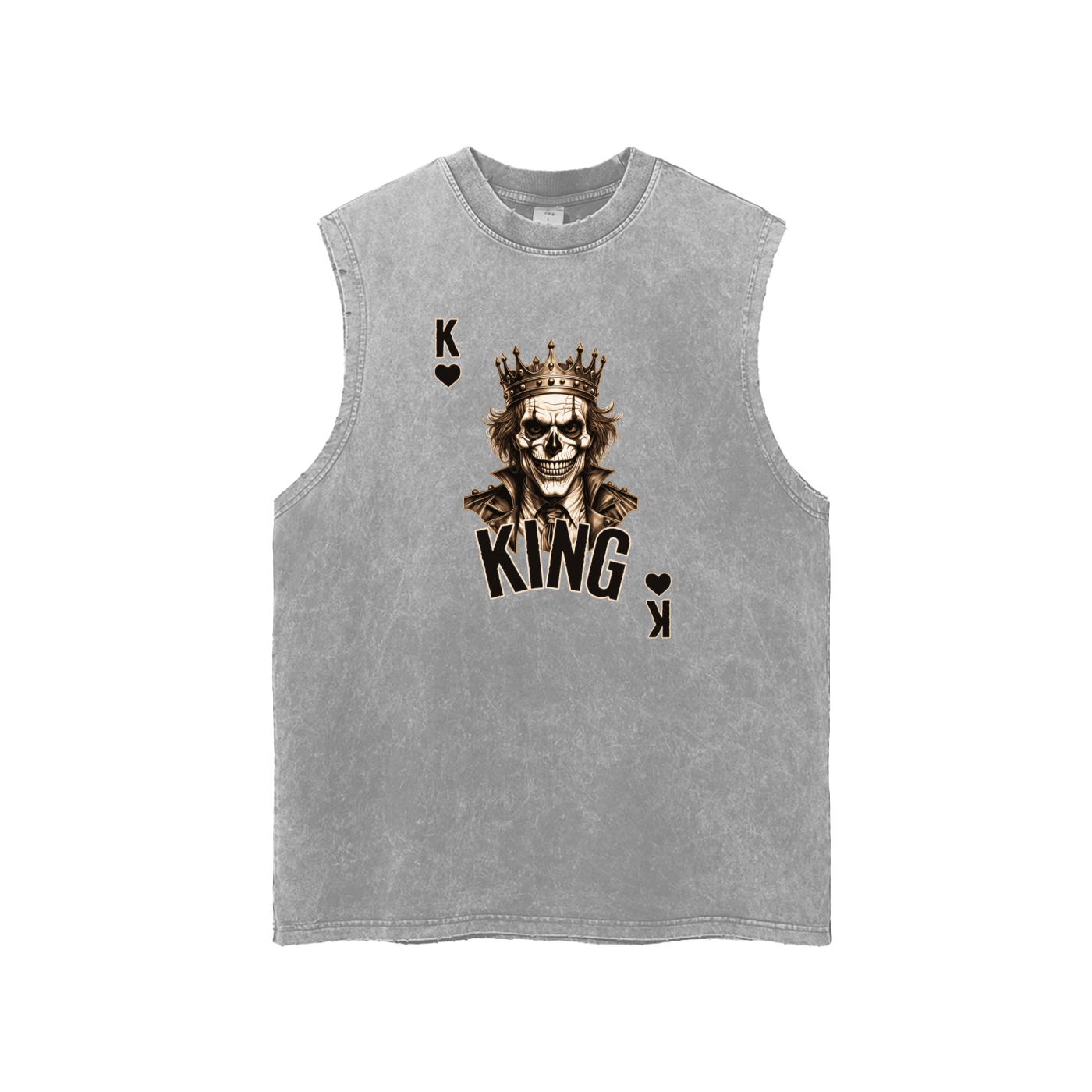 A sleeveless heather gray mens tank top featuring a graphic of a crowned skull playing king of hearts, with the word 'KING' and heart suit symbols printed on the front.