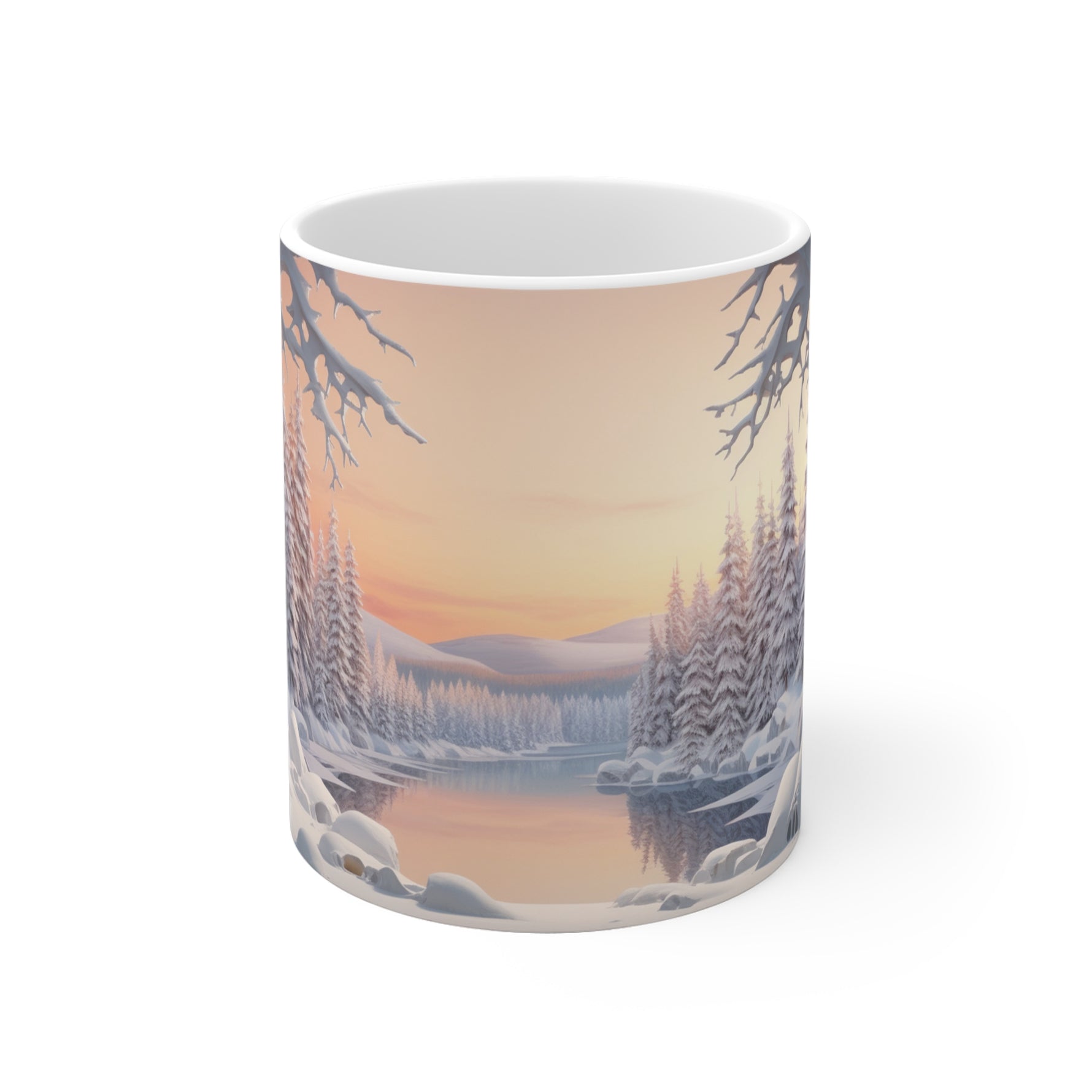 Mug with a winter landscape design featuring trees and mountains.