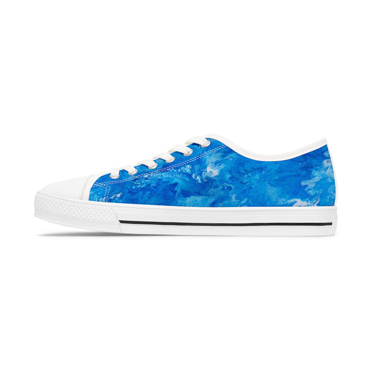 Blue and white sneaker with a watercolor design on a white background