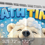 Shower curtain with a bear design and text 'Bath Time' on a blue background.