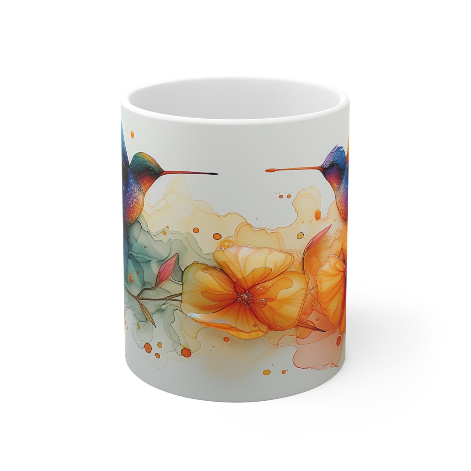 White mug with colorful floral and hummingbird design on a white background