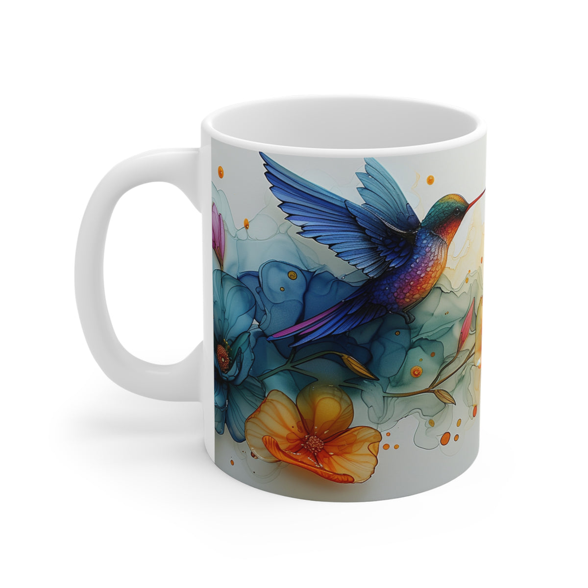 Mug with colorful bird and flower design on a white background