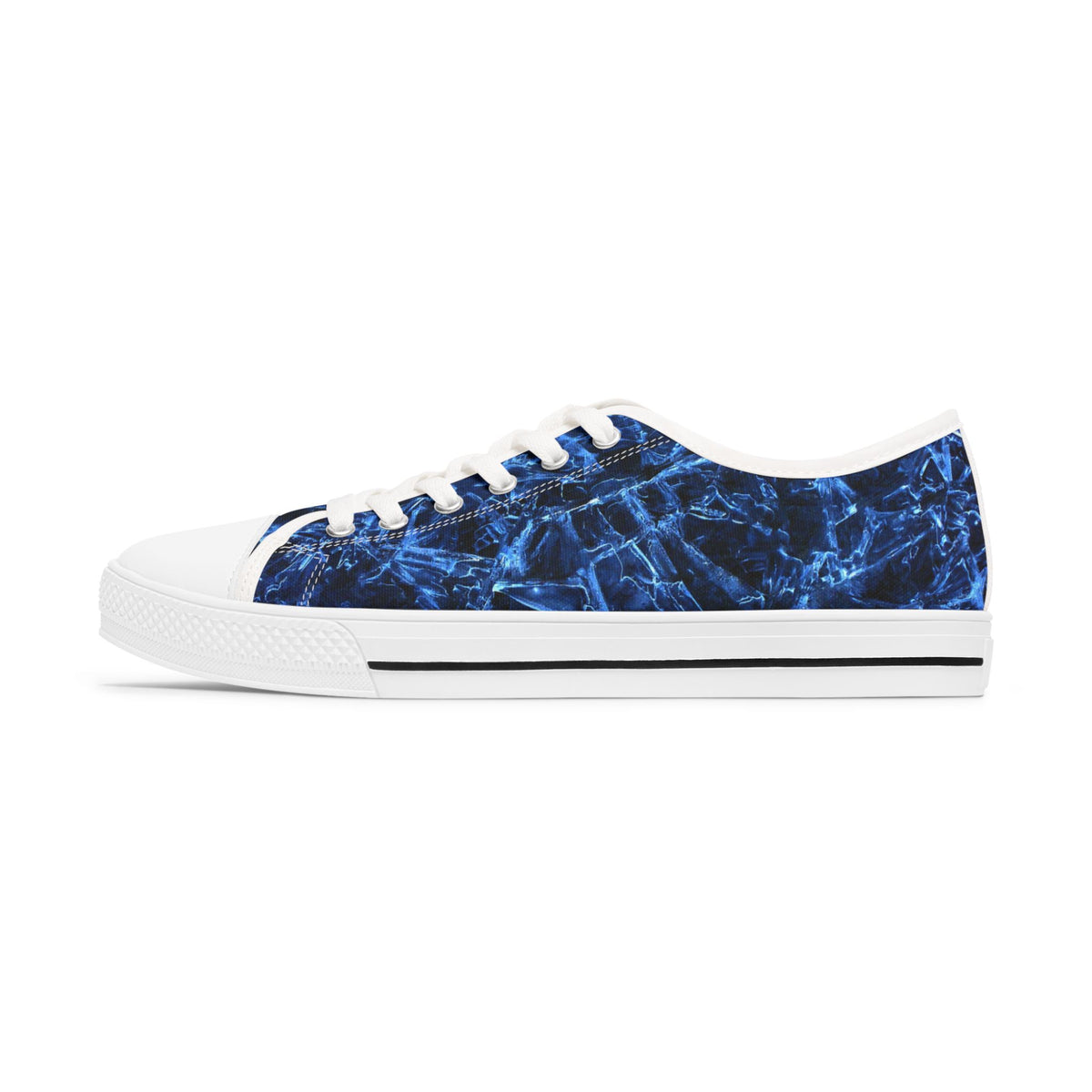 Blue tie-dye womens sneaker with white sole on a white background