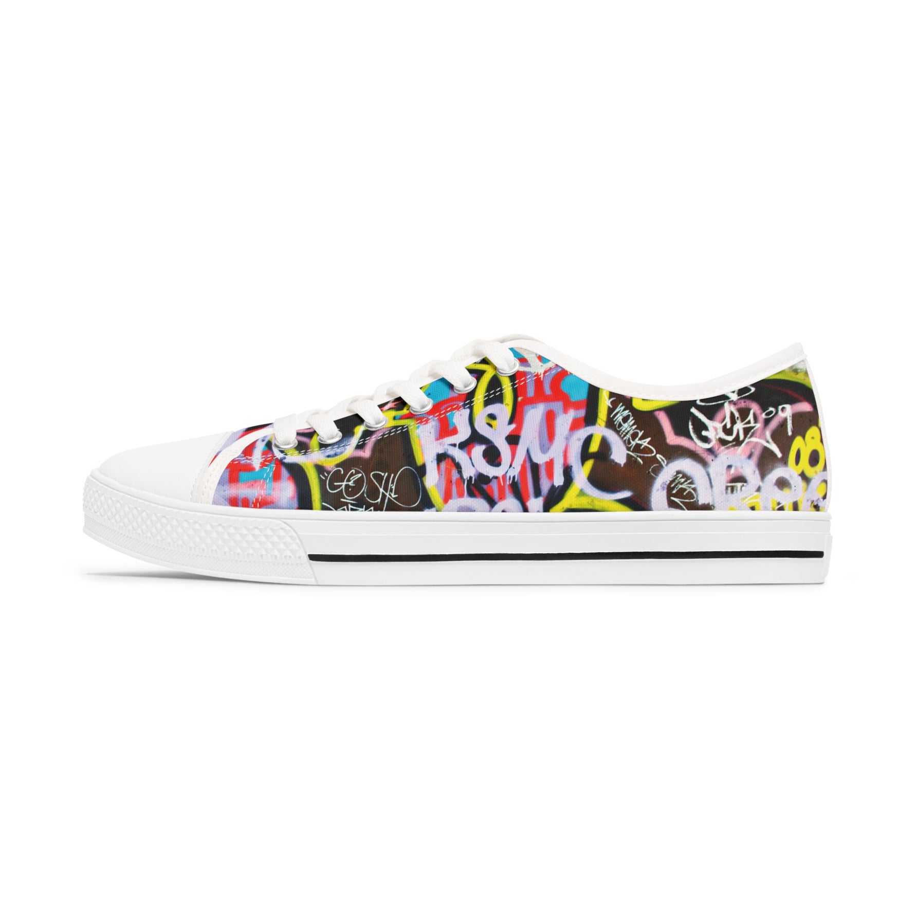 womens Sneaker with colorful graffiti design on a white background