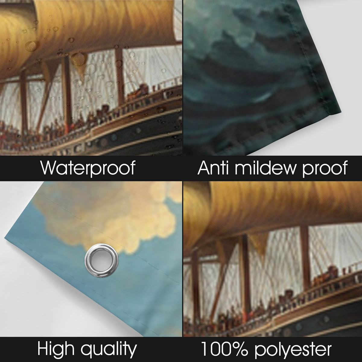 Product features including waterproof, anti-mildew proof, high quality, and 100% polyester material.