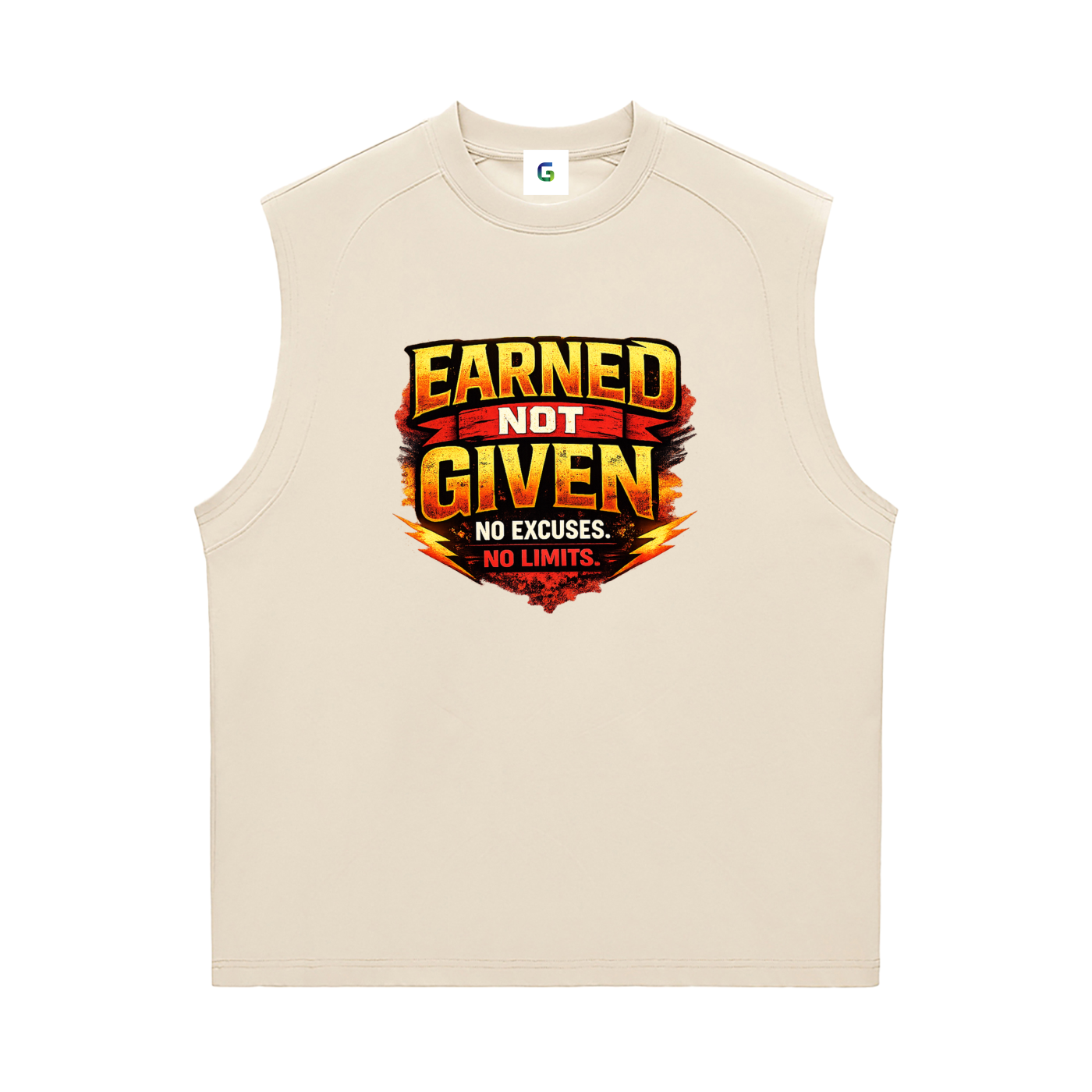 A sleeveless beige mens athletic tank top featuring a bold graphic on the chest that reads 'EARNED NOT GIVEN NO EXCUSES. NO LIMITS.