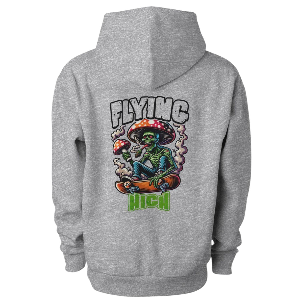 Men's Gray hoodie with a colorful graphic of a skeleton on a skateboard and 'Flying High' text.