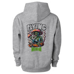 Men's Gray hoodie with a colorful graphic of a skeleton on a skateboard and 'Flying High' text.