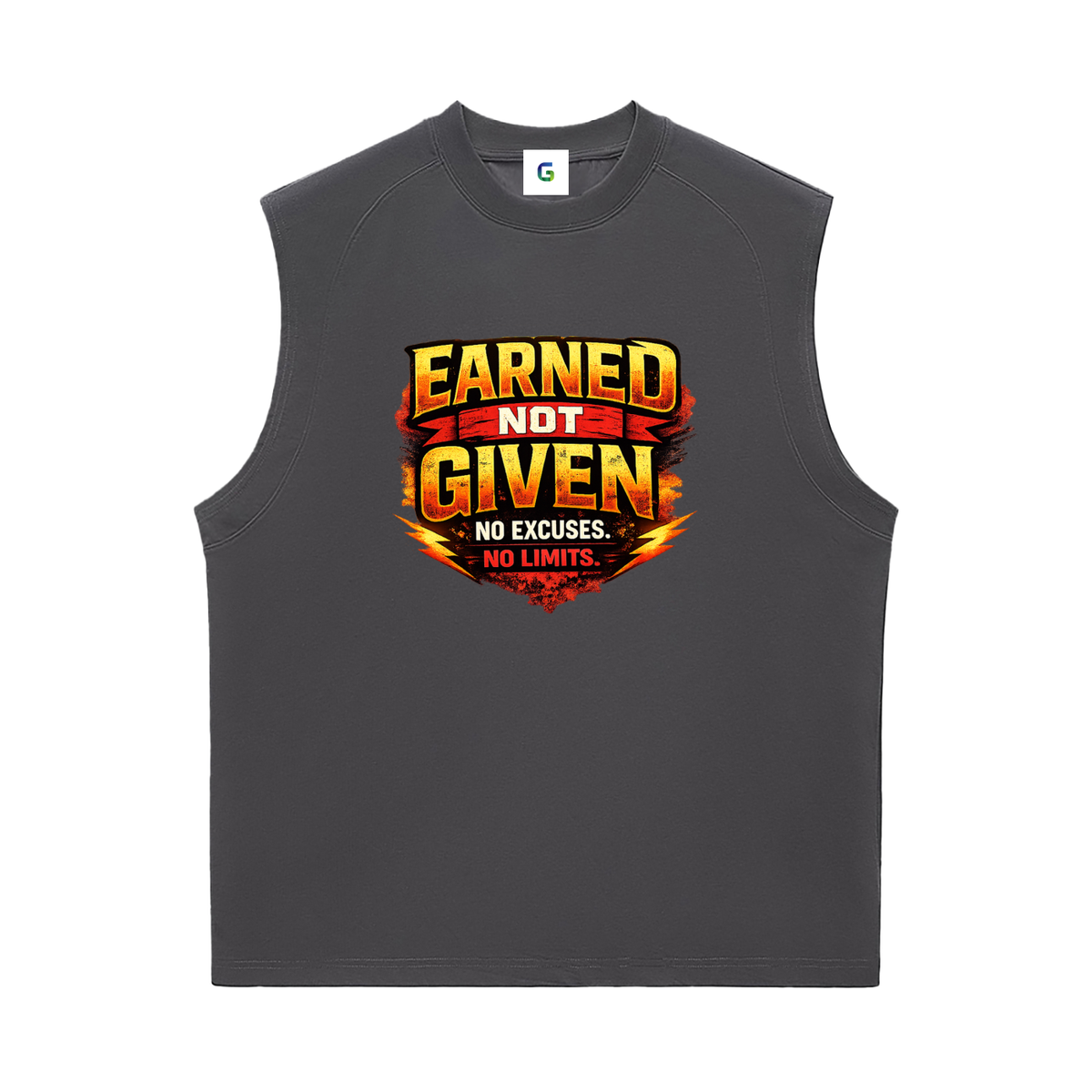 A dark gray sleeveless mens athletic tank top featuring a bold graphic on the chest that reads 'EARNED NOT GIVEN NO EXCUSES. NO LIMITS.