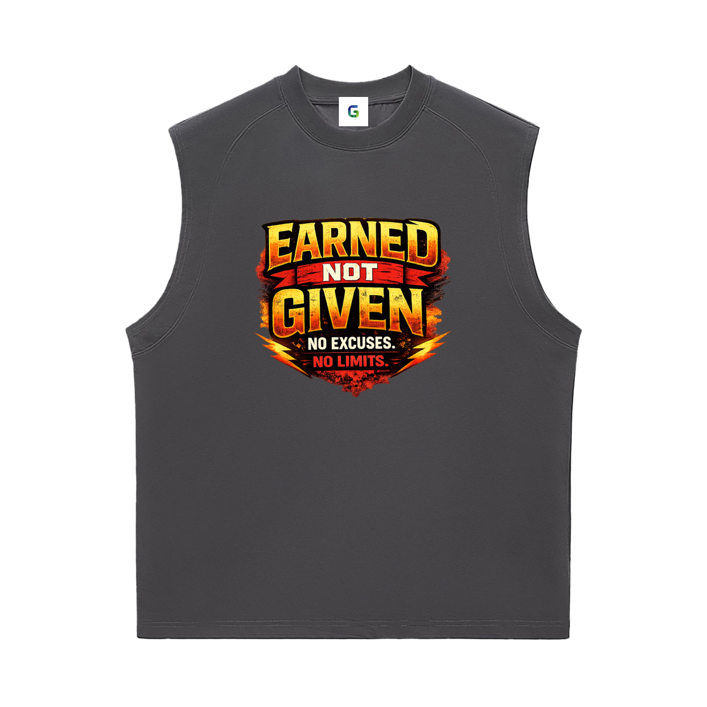 A dark gray sleeveless mens athletic tank top featuring a bold graphic on the chest that reads 'EARNED NOT GIVEN NO EXCUSES. NO LIMITS.