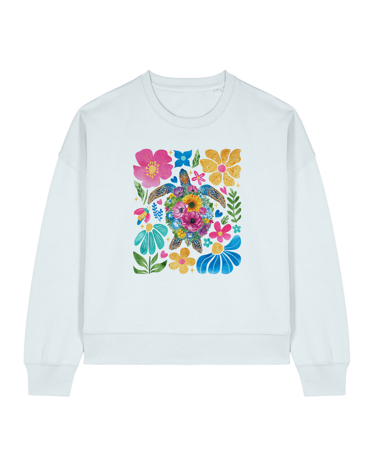 Stanley/Stella white sweatshirt with a colorful turtle and floral design on a white background