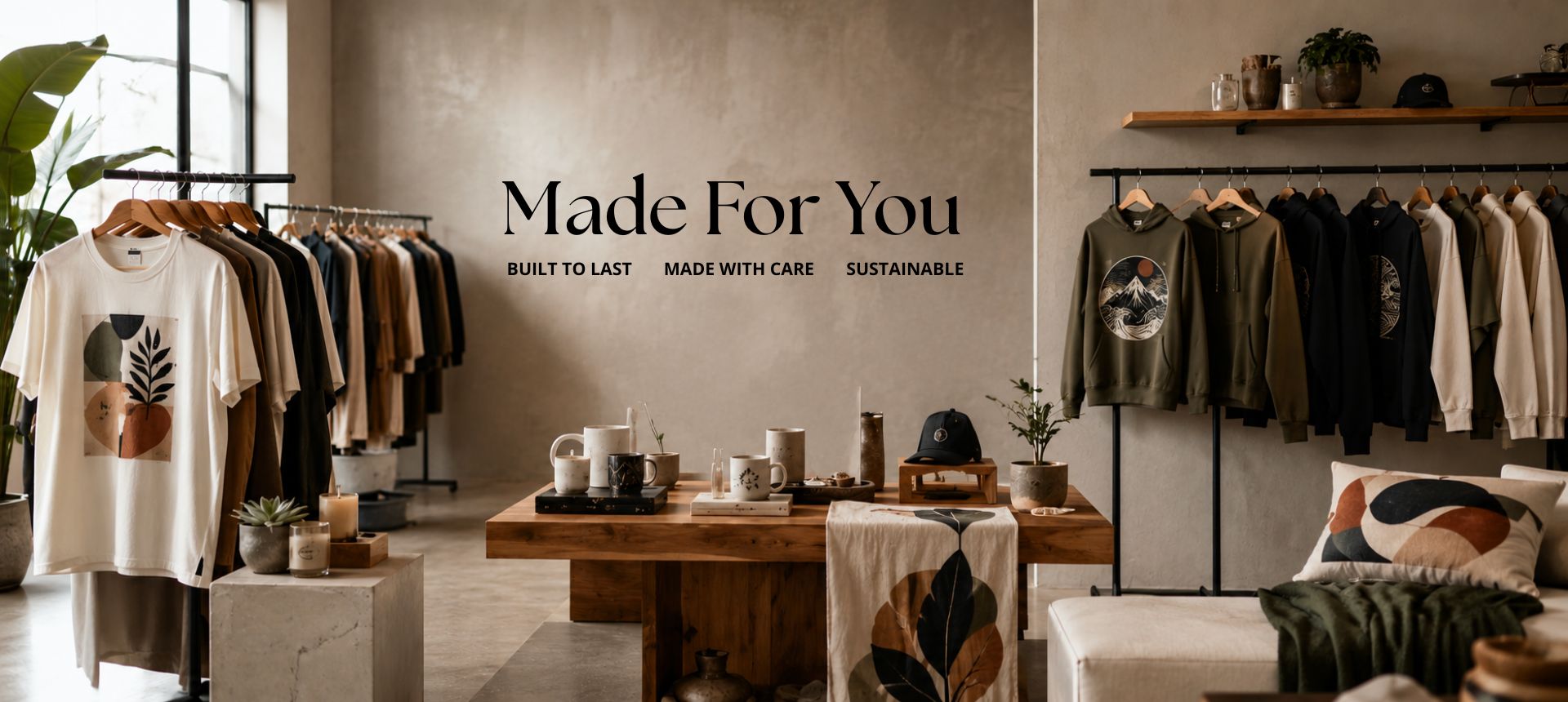 A styled retail interior with clothing racks, a wooden table, and a wall reading 'Made For You' with smaller text 'Built to Last. Made with Care.