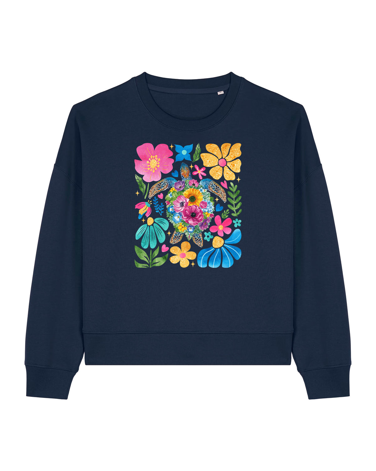 Stanley/Stella Navy blue sweatshirt with colorful floral design on a white background