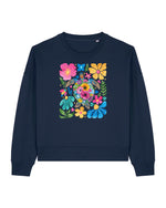 Stanley/Stella Navy blue sweatshirt with colorful floral design on a white background