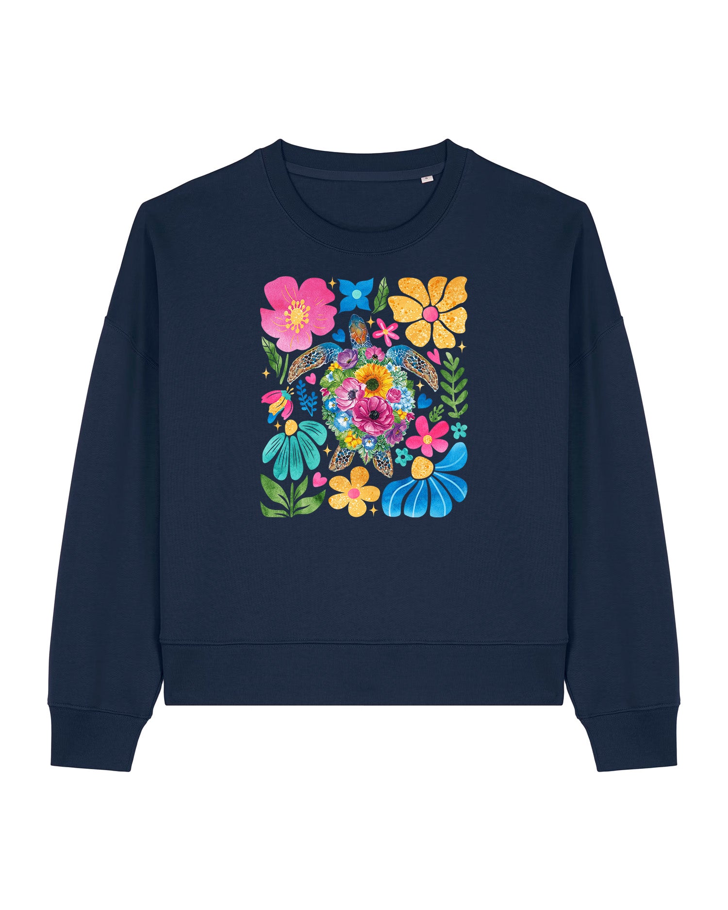 Stanley/Stella Navy blue sweatshirt with colorful floral design on a white background