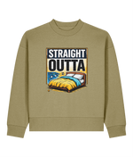 A sage green crewneck sweatshirt featuring a retro-style graphic print on the front with the text 'STRAIGHT OUTTA' above an illustration of a bed with a yellow and blue comforter.
