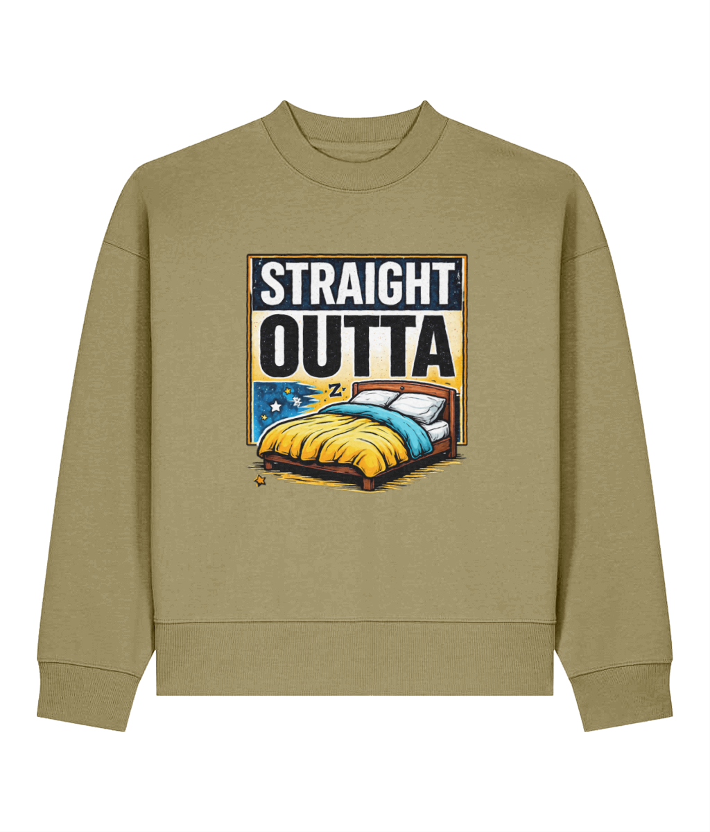 A sage green crewneck sweatshirt featuring a retro-style graphic print on the front with the text 'STRAIGHT OUTTA' above an illustration of a bed with a yellow and blue comforter.