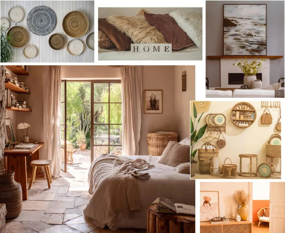 A collage of interior design scenes and decor items, including a bedroom with neutral bedding and large windows, a fireplace wall with framed art, baskets and woven accessories, and decorative plates on a wall.