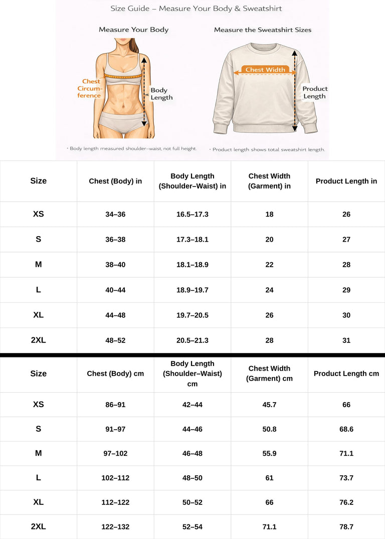 Measurement guide for body and sweatshirt sizes with a person and sweatshirt illustration.