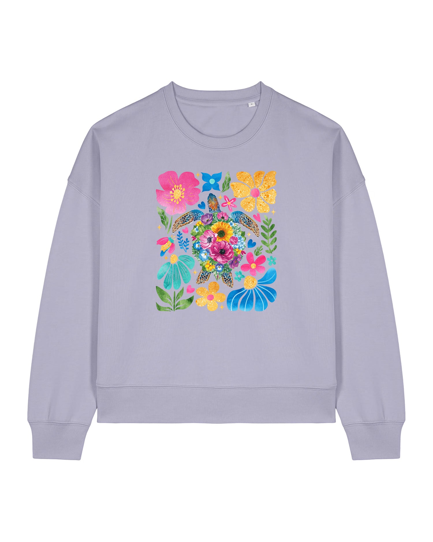 Stanley/Stella Light purple sweatshirt with colorful floral and butterfly design on a white background