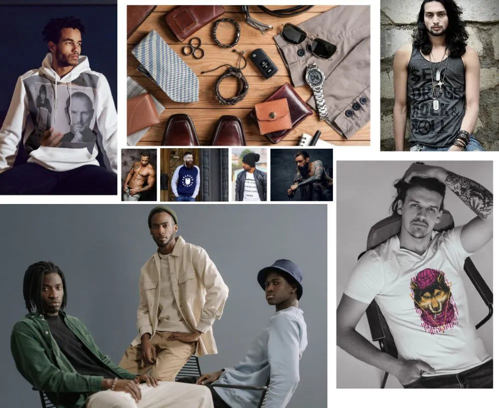 A collage of multiple fashion photos featuring men wearing apparel, including hoodies, tank tops, shirts, and suits, alongside accessories such as wallets, ties, sunglasses, and watches. The layout is a mixed editorial-style grid rather than a single isolated product shot.