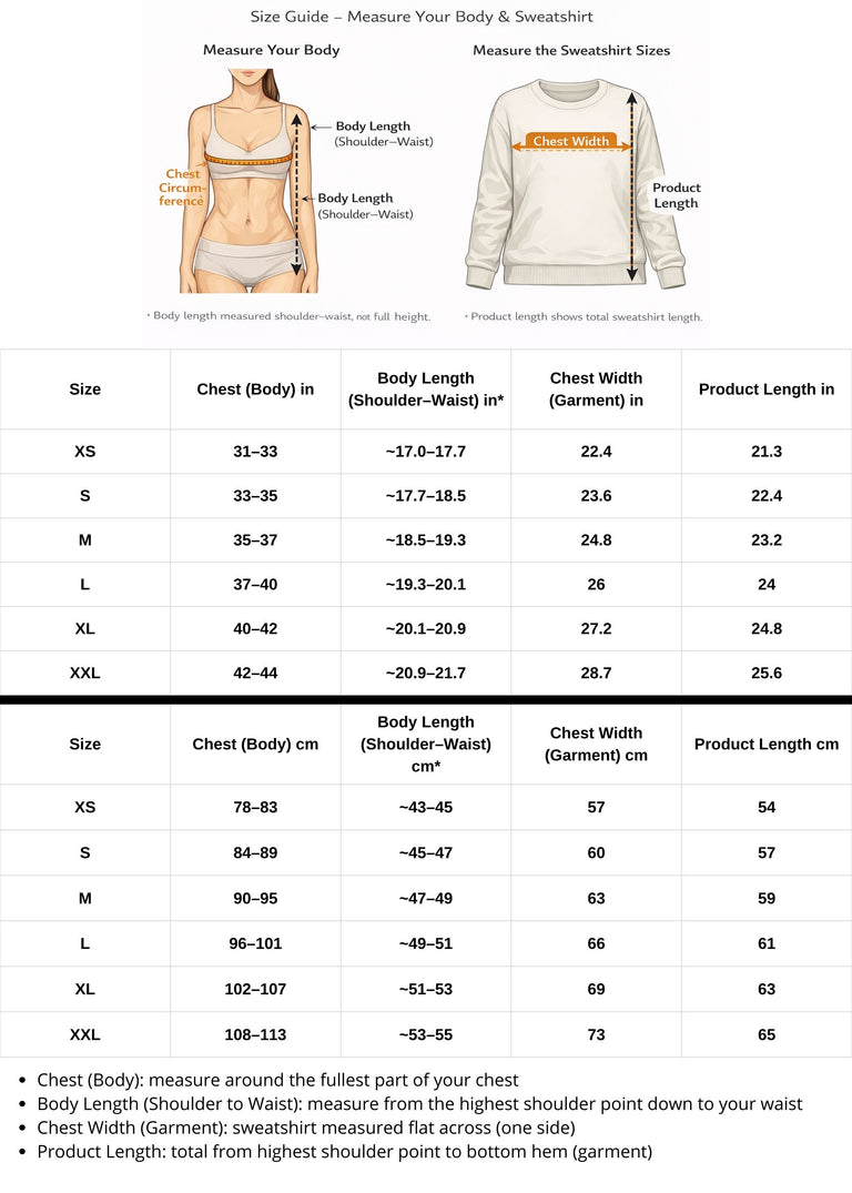 Size guide for measuring body and sweatshirt sizes with illustrations and measurements.