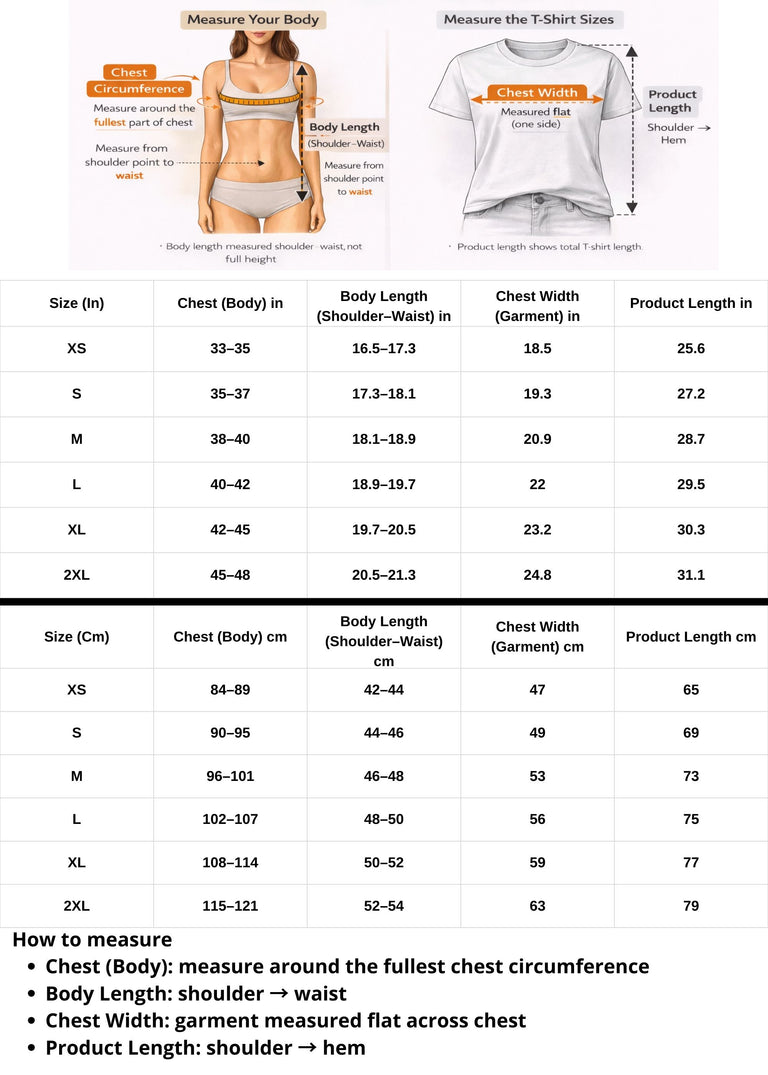 Measurement chart for T-shirt sizing with a diagram of how to measure body parts.