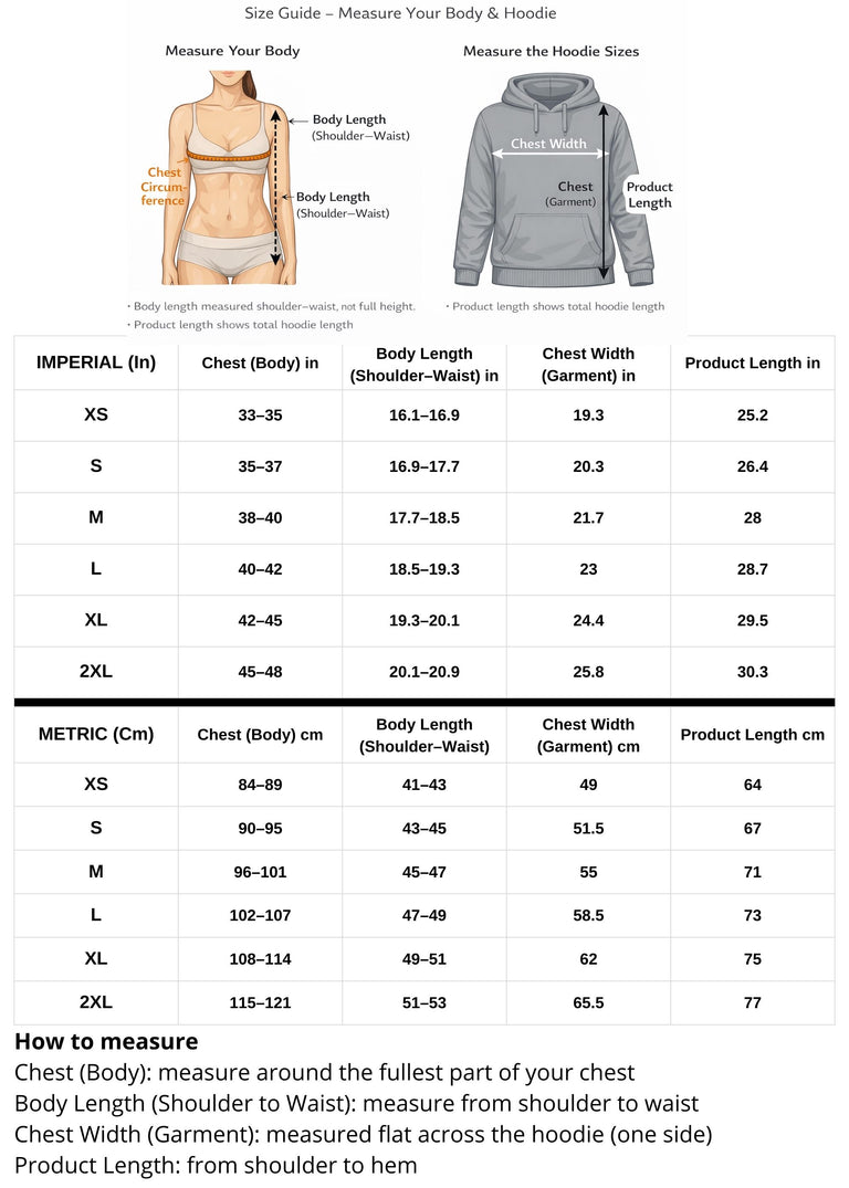 Size guide for measuring body dimensions and product length with imperial and metric measurements.