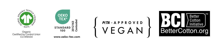 Logos for Organic, OEKO-TEX, and PETA-approved Vegan on a white background