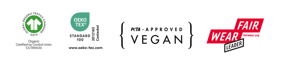Logos of organic certification, OEKO-TEX, PETA approval, and Fair Wear Foundation on a white background.