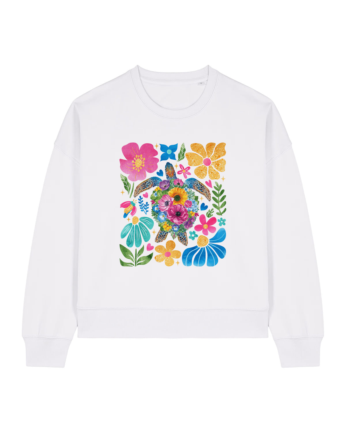 Stanley/Stella White sweatshirt with colorful floral and butterfly design on a white background