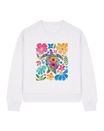 Stanley/Stella White sweatshirt with colorful floral and butterfly design on a white background