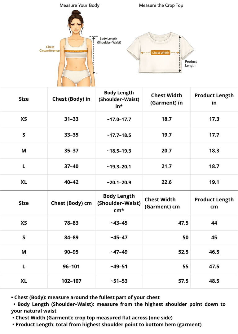 Measurement chart for crop top with size guide and dimensions.