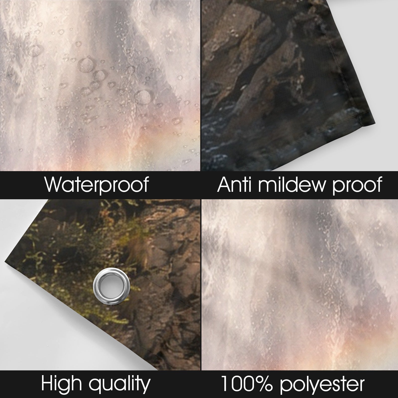 Textured fabric samples with labels for waterproof, anti-mildew proof, high quality, and 100% polyester.