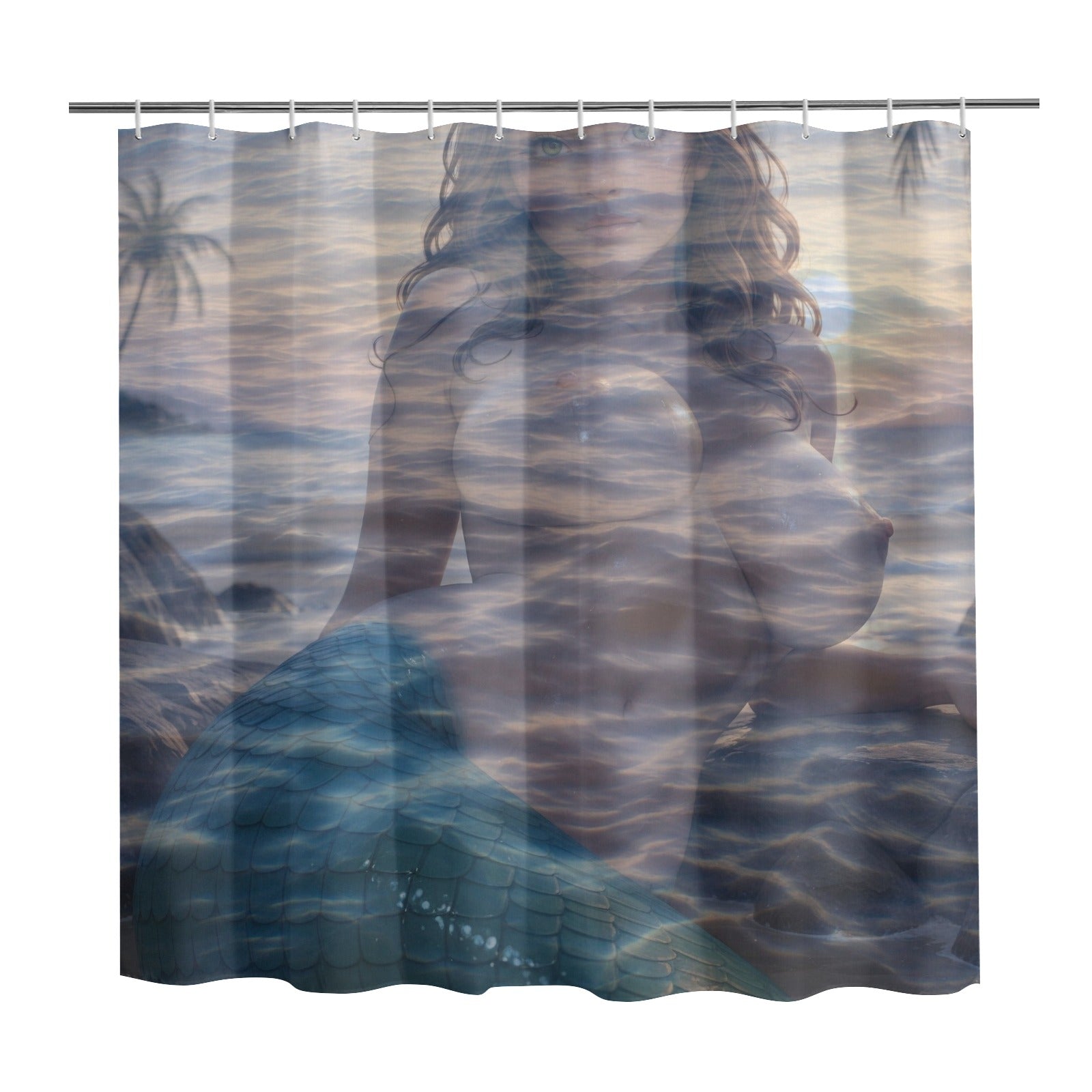 Shower curtain with a mermaid design on a white background