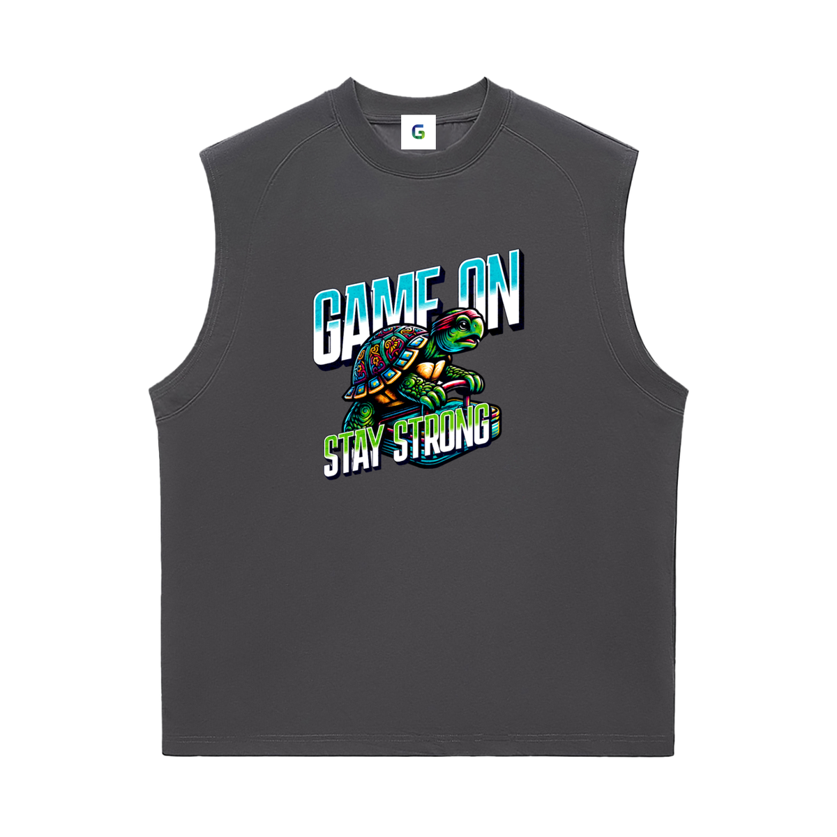 A dark gray sleeveless mens athletic tank top featuring a colorful graphic of a turtle with the text 'GAME ON STAY STRONG' on the front, displayed against a solid white background.