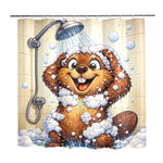 Shower curtain with a cartoon beaver taking a bath surrounded by bubbles.