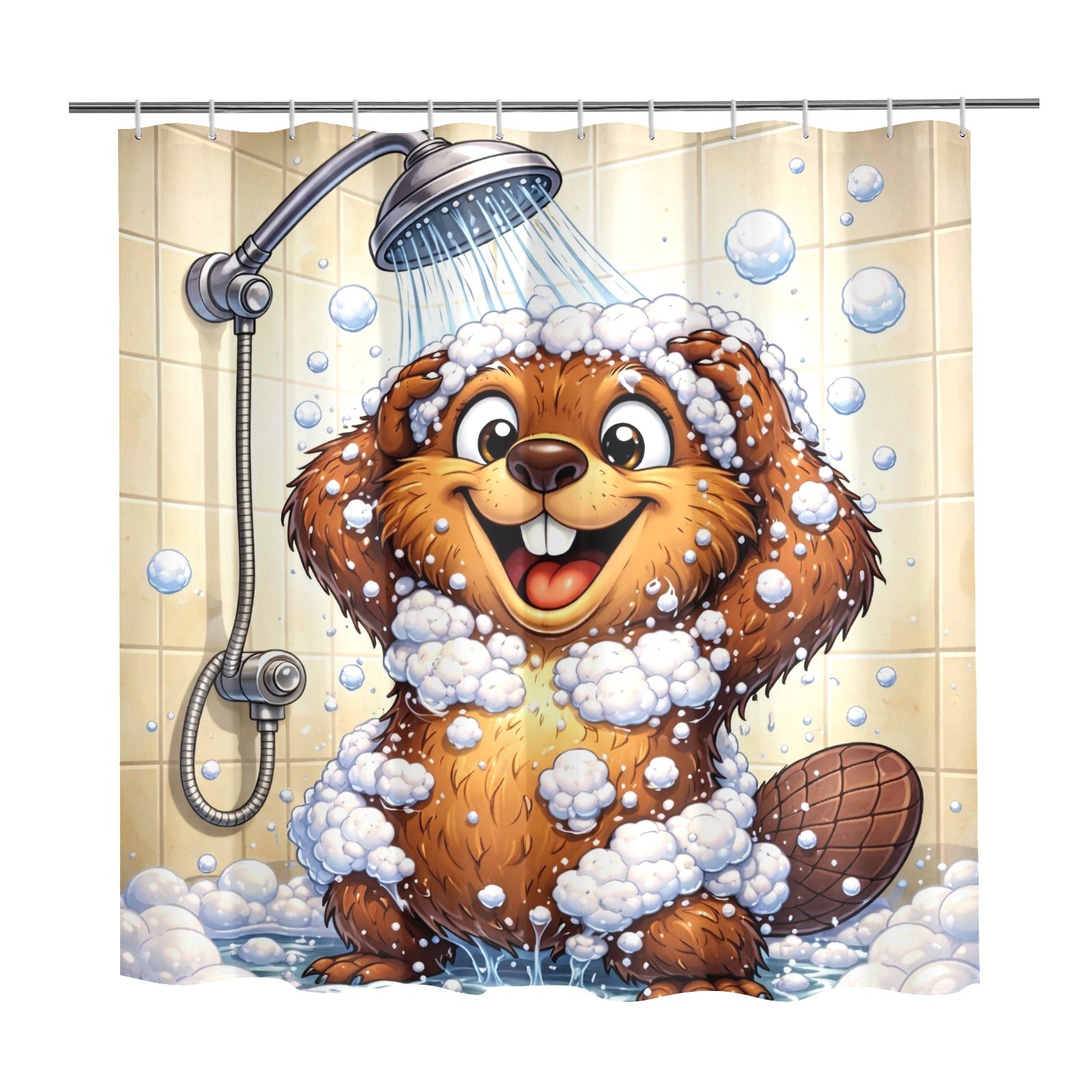 Shower curtain with a cartoon beaver taking a bath surrounded by bubbles.