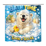 Shower curtain with a cartoon polar bear in bubbles, rubber duck, and 'Bath Time' text.