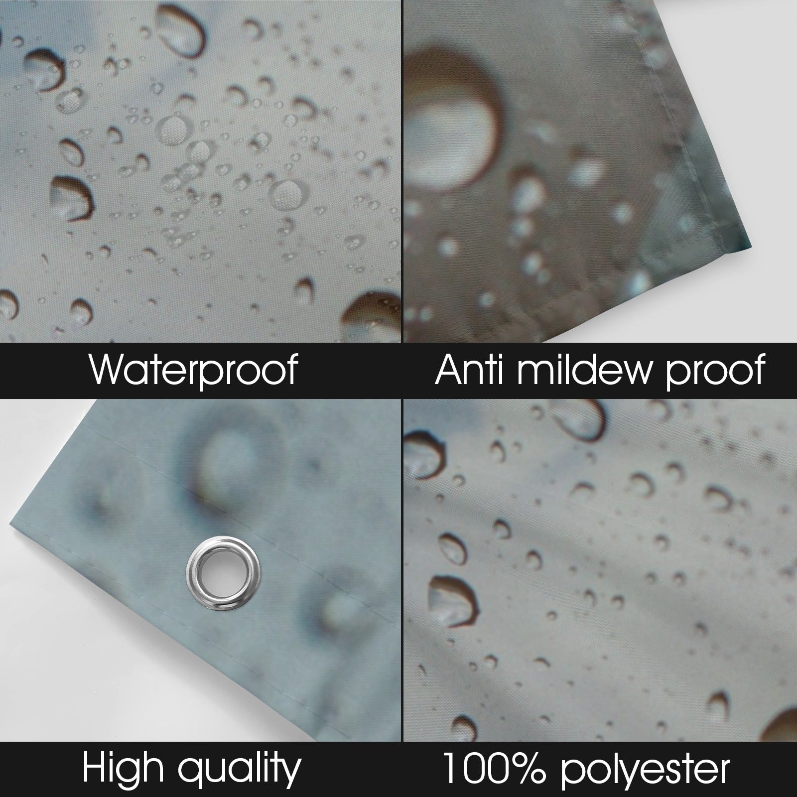 Collage of water droplets on a textured surface with labels for waterproof, anti-mildew proof, high quality, and 100% polyester features.
