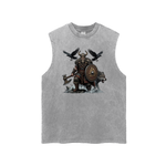 A sleeveless gray tank top featuring a detailed graphic of a Viking warrior holding an axe and shield, with two crows flying above and a wolf below, displayed on a clean white background.