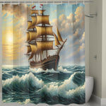 Shower curtain with a sailboat design on a bathroom wall.