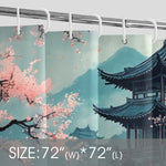 Shower curtain with cherry blossom and mountain design, size 72"W x 72"L.