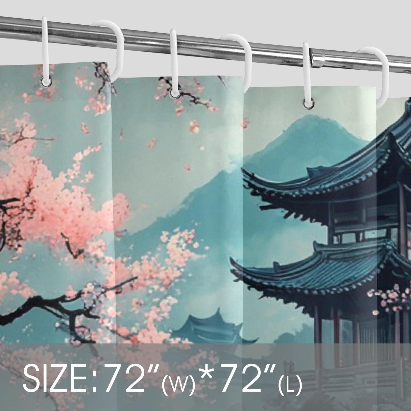 Shower curtain with cherry blossom and mountain design, size 72"W x 72"L.