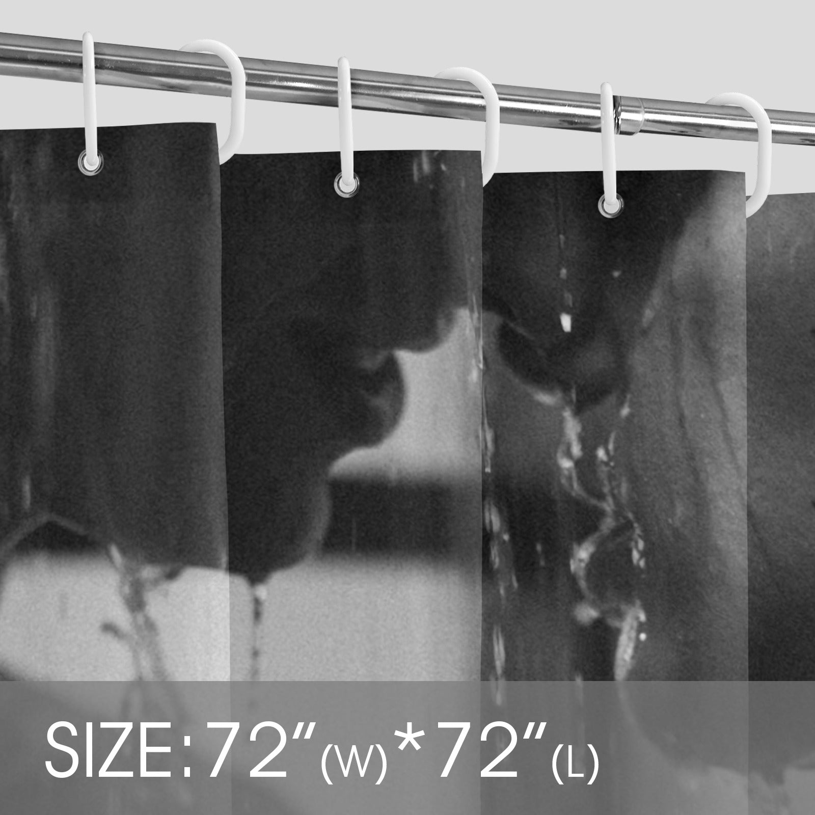 Clear shower curtain with hooks on a rod, size 72"W x 72"L.