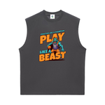 A dark gray sleeveless athletic tank top featuring a colorful graphic print of a blue monster basketball player and the text 'PRACTICE LIKE A CHAMPION PLAY LIKE A BEAST'.