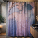 Shower curtain with artistic depiction of a man in a bathroom setting