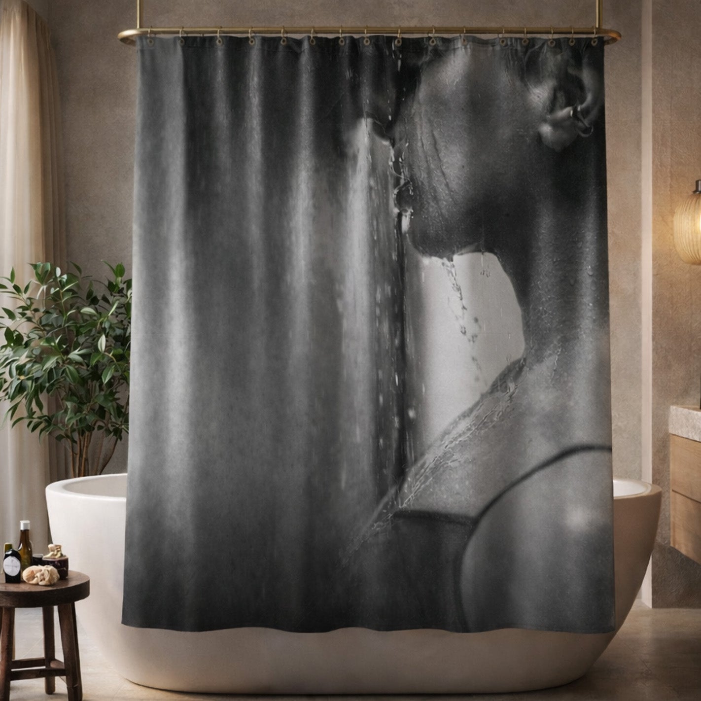 Black and white shower curtain featuring a close-up image of a couple standing under running water, with water streaming down their face and neck. The bathroom includes a bathtub, potted plant, and warm-toned decor.